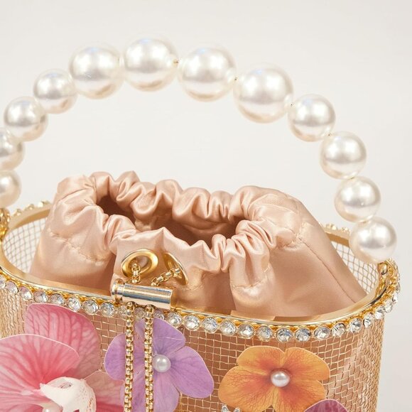 ⚡ Women's Multi Flower Shaped Rhinestone Evening Metallic Bucket Crossbody Bag - Picture 5 of 9